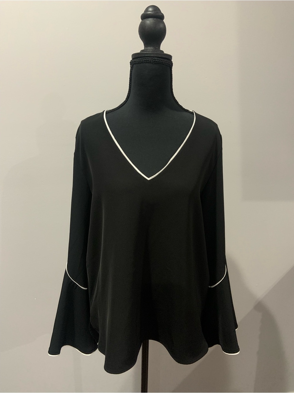 Calvin Klein Black V-Neck Bell Sleeve Top with White Trim